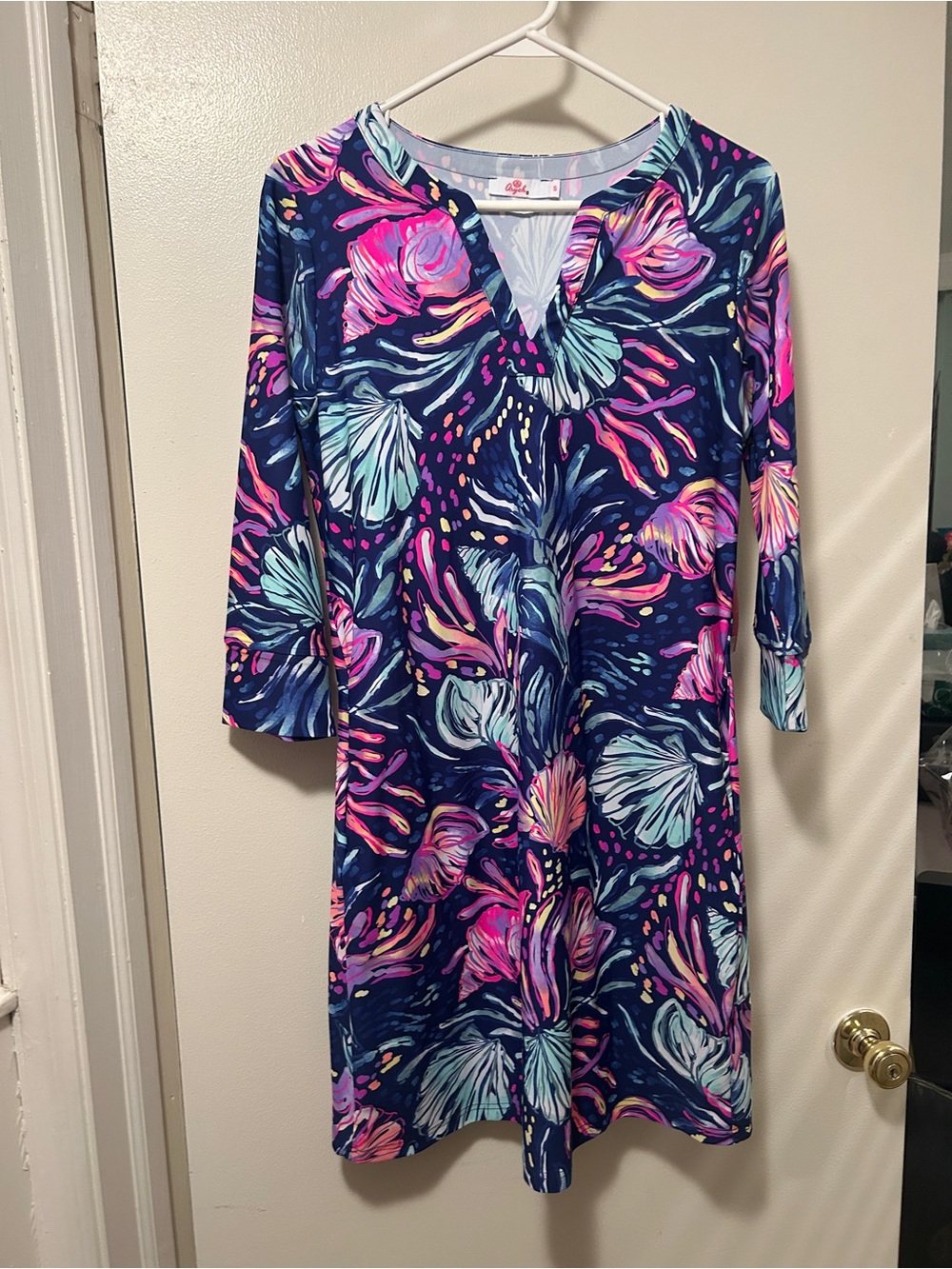 Aryeh Navy Floral V-Neck Shift Dress - Pink & Aqua Accents